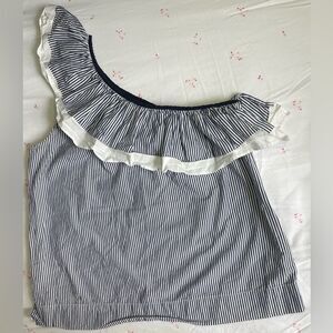 J. Crew One-shoulder ruffle top in Navy Blue & White Stripe - Size 2
